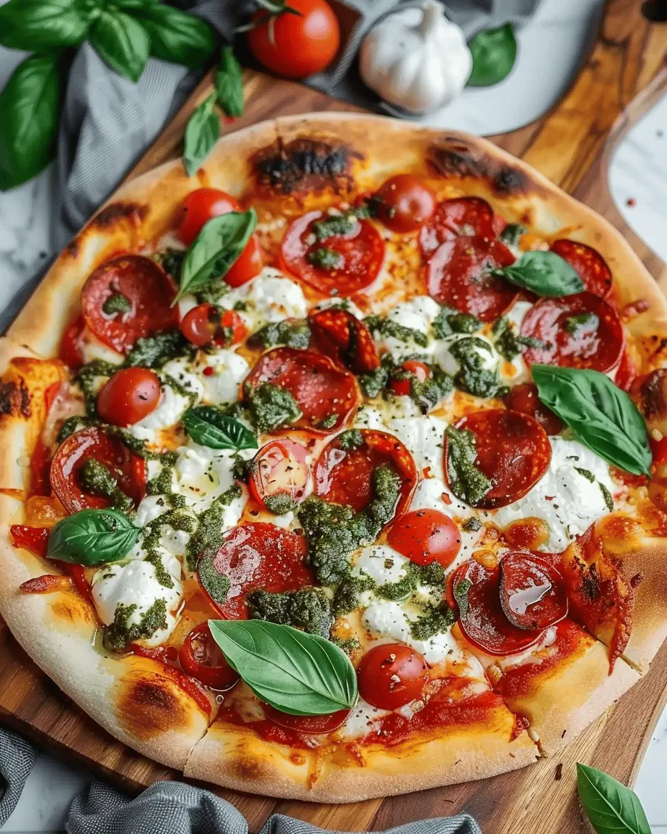 Pepperoni and Burrata Pizza: Indulgent Flavor with Pesto Bliss