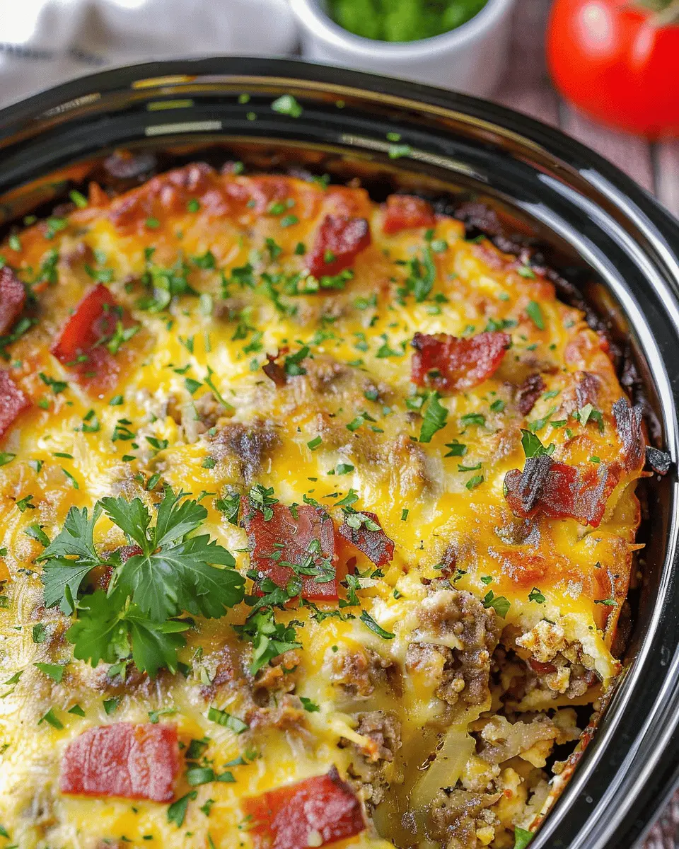 Overnight Crockpot Breakfast Casserole with Turkey Bacon & Chicken Ham