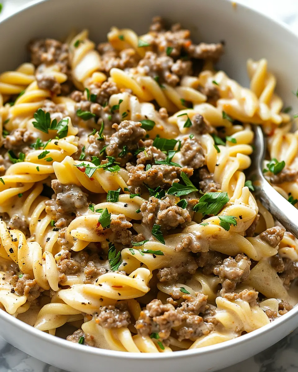 High Protein Creamy Ground Beef Pasta