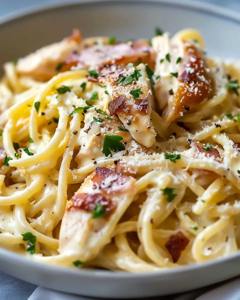 Chicken Carbonara Pasta with Turkey Bacon and Chicken Ham Delight
