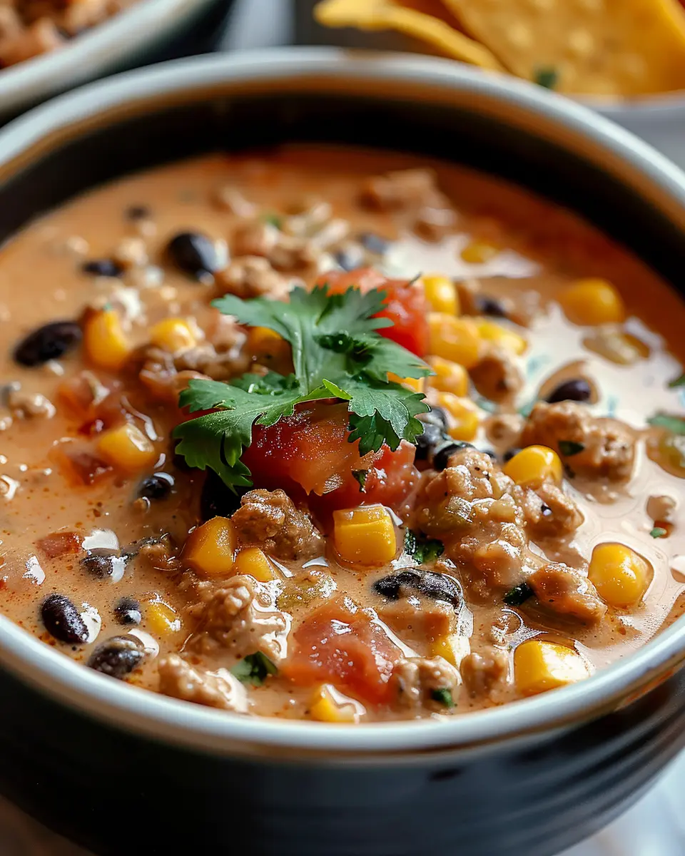 High Protein Creamy Taco Soup with Turkey Bacon and Chicken Ham