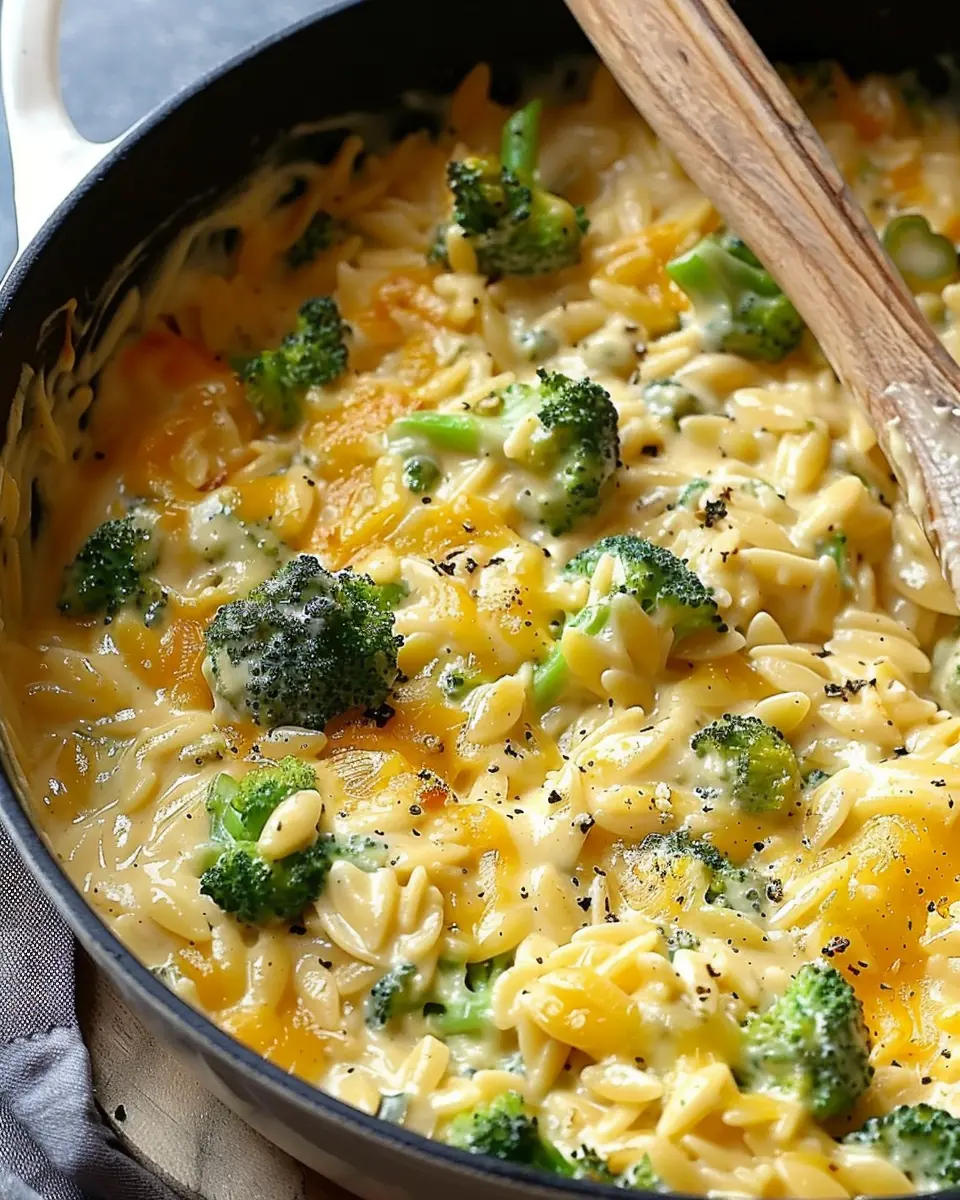 Creamy One-Pot Broccoli Cheddar Orzo with Turkey Bacon Delight