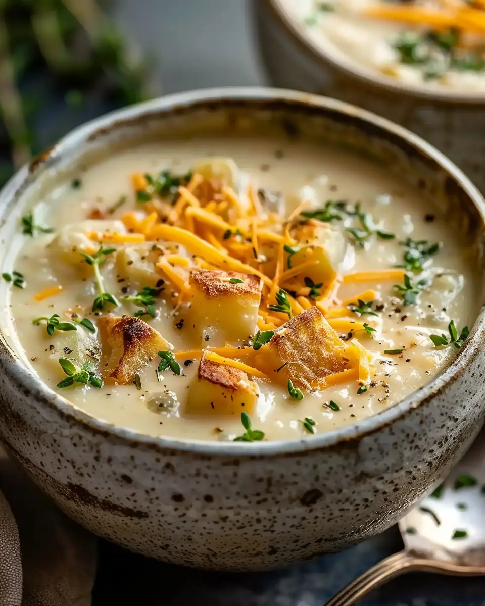 Hearty Cheddar Garlic Herb Potato Soup with Turkey Bacon Delight