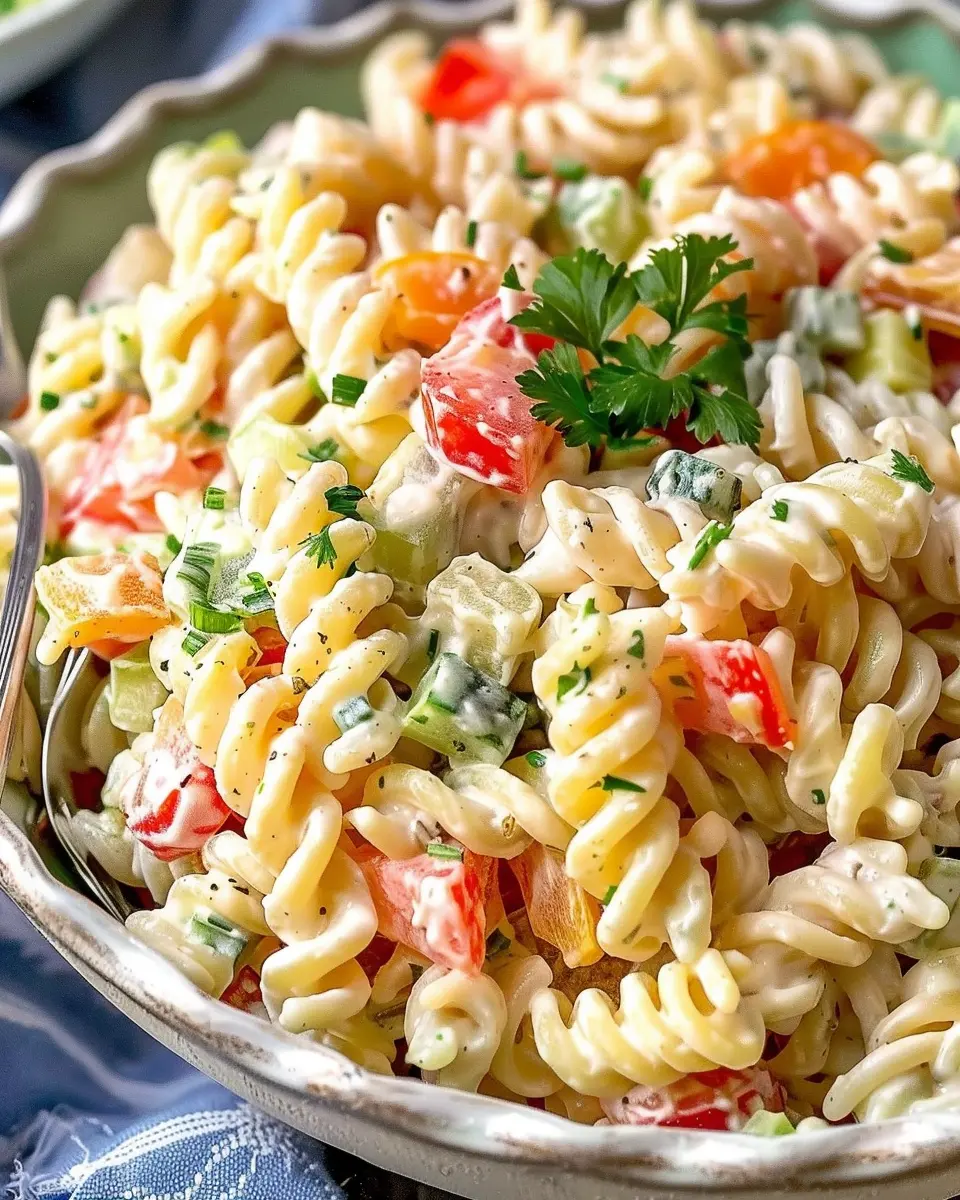 Creamy Pasta Salad Delight with Turkey Bacon and Chicken Ham
