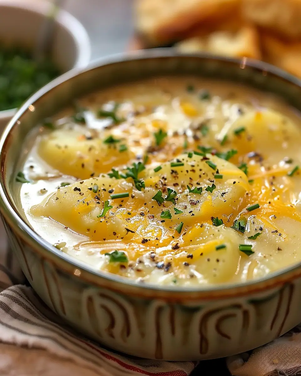Delicious Cheddar Garlic Herb Potato Soup with Savory Turkey Bacon