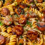 Sticky Honey Garlic Sausage Pasta Skillet