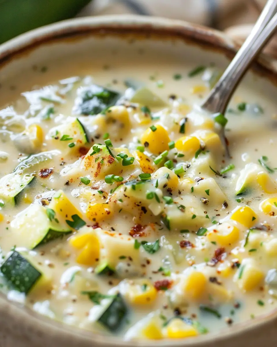 Summer corn and zucchini chowder with turkey bacon magic
