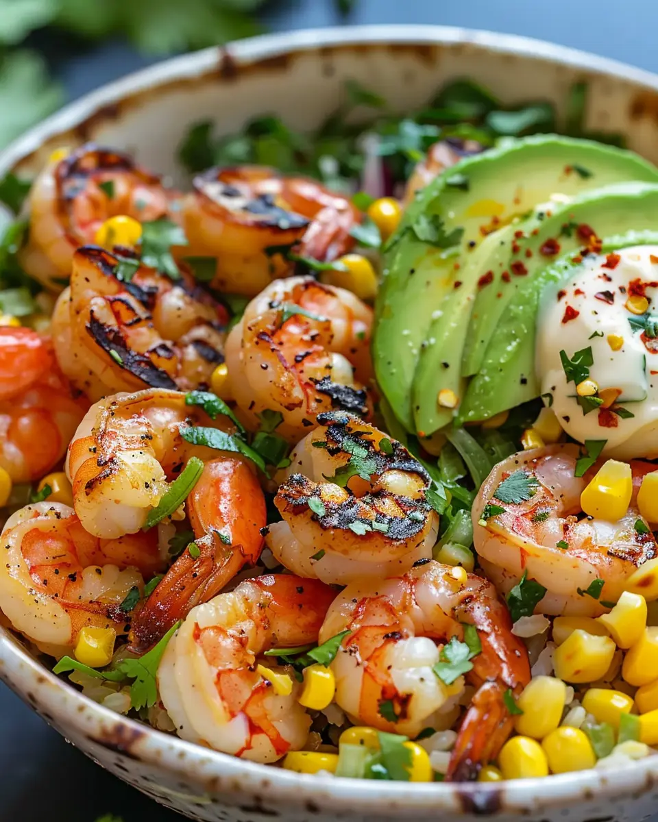 Grilled Shrimp Bowl: Easy Avocado Corn Salsa Delight
