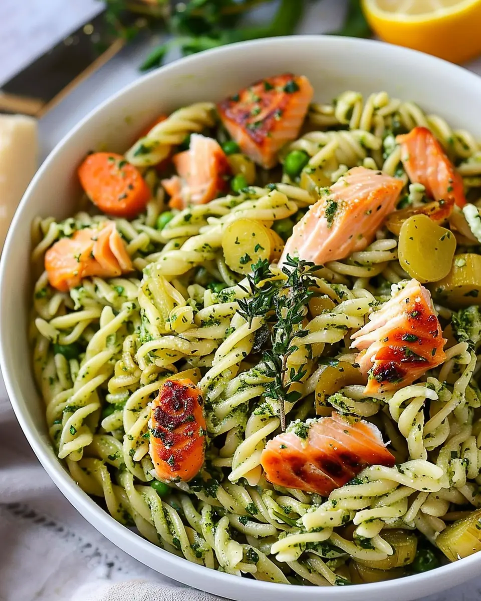 Veggie-Packed Salmon Pesto Pasta: A Quick, Delicious Dinner Delight